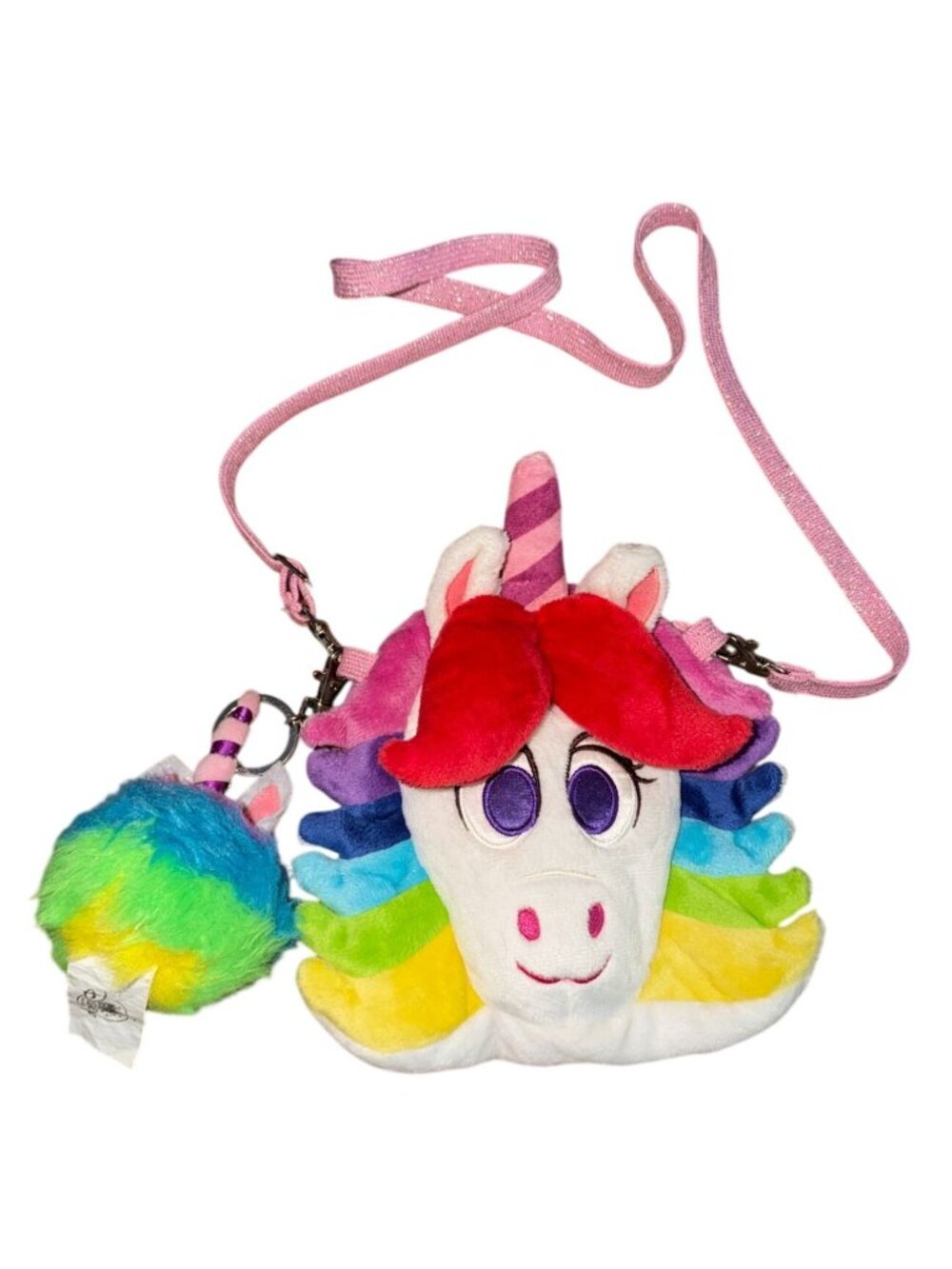 Disney Parks Inside Out Rainbow Unicorn Plush Purse W/Fluffy Charm-GUC